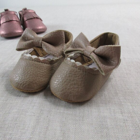 Lot of 2 Baby Girl Moccasins Pink Fringe & Tan Bow Soft Sole Crib Shoes Size 0-3 - Picture 6 of 11